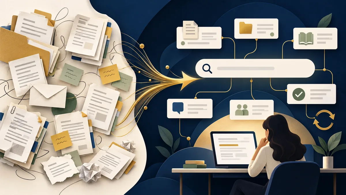 Scattered SOP documents becoming a searchable, connected knowledge base for a contact-center employee.